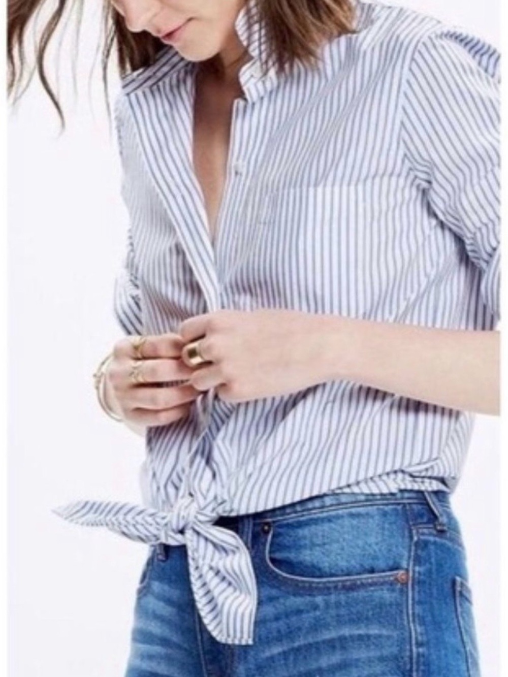 Madewell Bookend Stripe Tie-Front Button Shirt Size L 💙💙💙